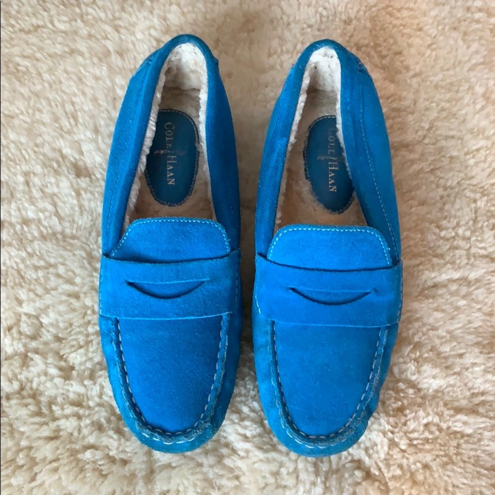 Cole Haan sheepskin driving loafer blue suede
